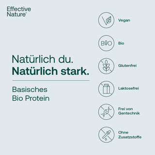 Infografik Effective Nature Basisches Bio Protein – Siegel: Vegan, Bio, Glutenfrei, Laktosefrei, Ohne Gentechnik, Ohne...