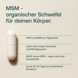Effective Nature MSM Kapsel – Infografik mit Produktdetails: 3400 mg MSM, vegan, ohne Zusatzstoffe