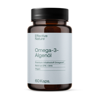 Effective Nature Omega-3-Algenöl, 60 Kapseln, braunes Glasfläschchen, schwarzer Deckel, hellgraues Etikett, vegan, EPA+DHA
