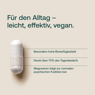 Magnesium-Kapsel in Weiß auf beigem Hintergrund mit deutscher Infografik-Beschriftung, vegan