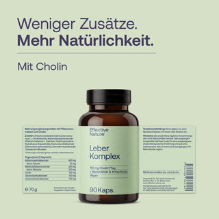 Effective Nature Leber Komplex Braunglasflasche 90 Kapseln mit Cholin, Mariendistel & Artischocke, veganes Supplement