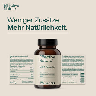 Effective Nature MSM Komplex Braunglasflasche 180 Kapseln mit Etikett, 800 mg MSM, Phytodroitin, Glucosamin, vegan