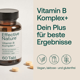 Effective Nature Vitamin B Komplex+ Braunglasflasche 60 Tabletten, vegan, laktose- und glutenfrei, mit Inositol & Cholin