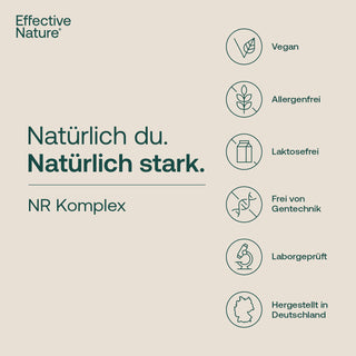 Effective Nature NR Komplex Infografik mit Siegeln: Vegan, Allergenfrei, Laktosefrei, Gentechnikfrei, Laborgeprüft, Made...