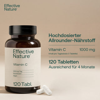Effective Nature Vitamin C 1000 mg, 120 Tabletten, braune Glasflasche mit cremefarbenem Etikett, vegan, zwei weiße Tabletten