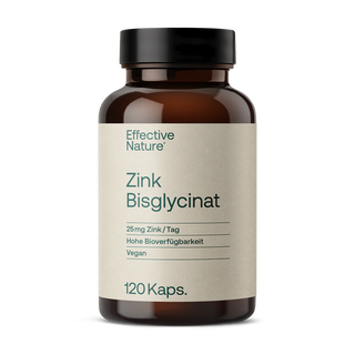 Effective Nature Zink Bisglycinat, braune Glasflasche, 120 Kapseln, 25 mg Zink, vegan, helles Etikett