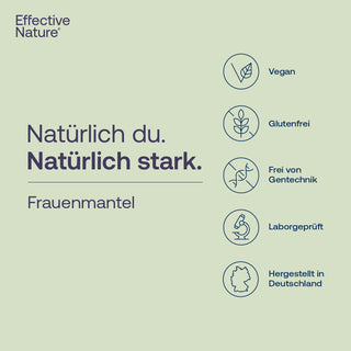 Effective Nature Frauenmantel Infografik mit Siegeln: Vegan, Glutenfrei, Frei von Gentechnik, Laborgeprüft, Hergestellt...