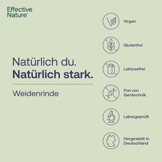 Effective Nature Weidenrinde Infografik mit Siegeln: vegan, glutenfrei, laktosefrei, gentechnikfrei, laborgeprüft,...