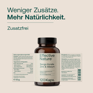 Effective Nature Sango Koralle Zink Silizium 120 Kapseln braune Glasflasche Etikett Zusatzfrei