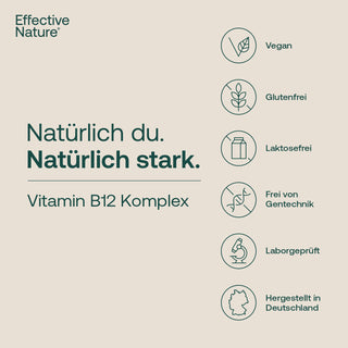 Effective Nature Vitamin B12 Komplex Infografik mit Siegeln: vegan, glutenfrei, laktosefrei, gentechnikfrei,...