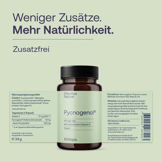 Effective Nature Pycnogenol Kapseln, Braunglasflasche mit grünem Etikett, 60 Kaps., 50 mg, vegan, mit Vitamin C